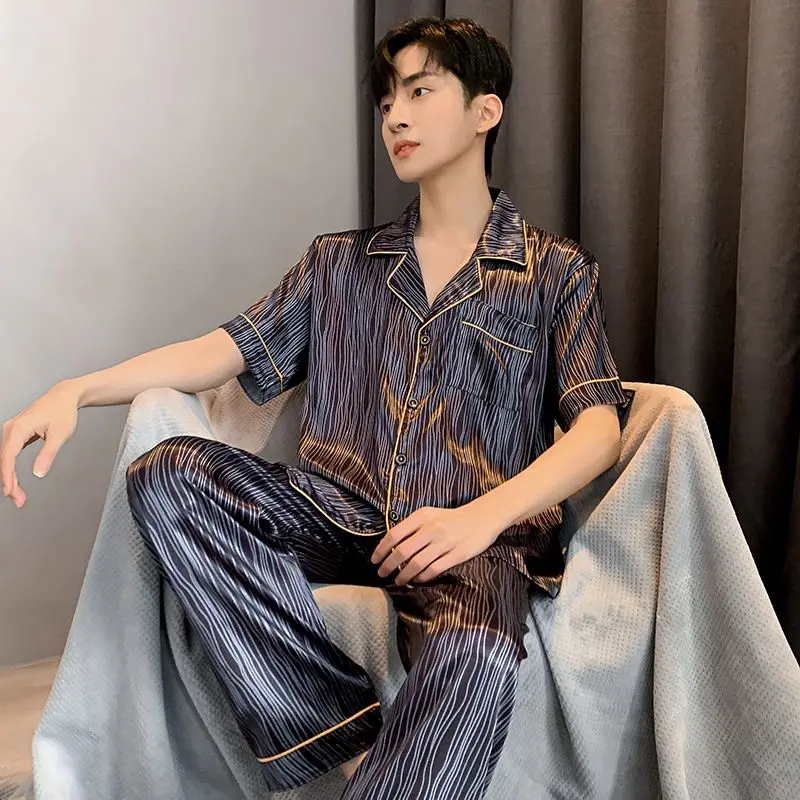 Pajamas Man Spring and Summer Open Shirt Ice Silk Short-sleeved Trousers Relaxation Loungewear Thin Silk Suit for Spring Summer