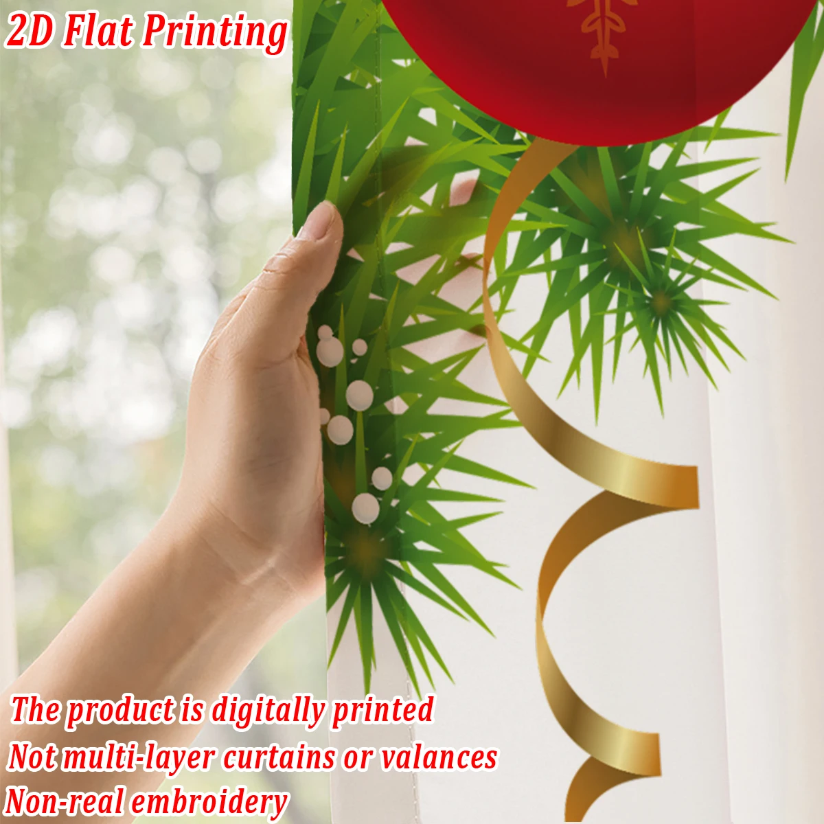 ستارة شفافة مطبوعة مسطحة لعيد الميلاد مع شريط فرع كرة الصنوبر لعيد الميلاد لغرفة المعيشة وغرفة النوم وحفلات العطلات #4