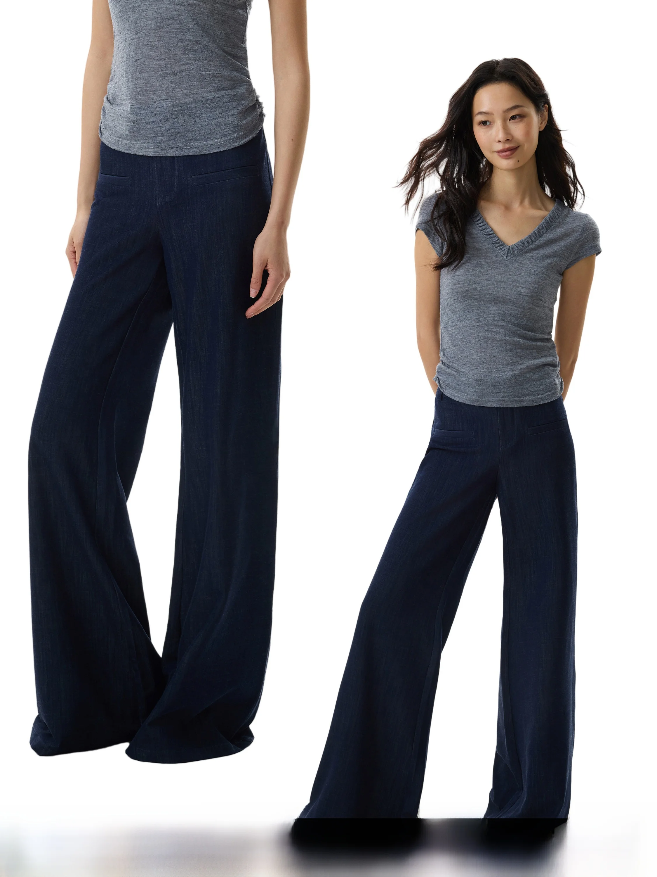 

Темно-синие повседневные брюки в пол для женщин, с низкой талией, широкими штанинами, прямого кроя, длинные, летние, новый стиль GOGOBURN