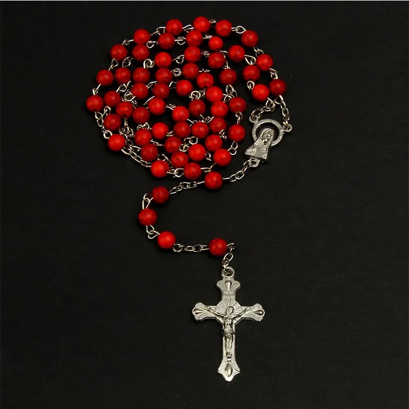 قلادة متقاطعة من مسبحة فيروزية مقاس 8 مم، قلادة مصنوعة يدويًا من مركز ماريا