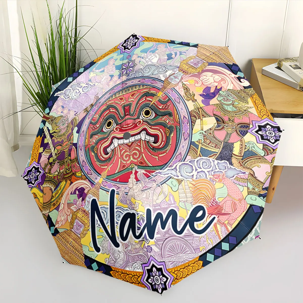 Custom Name Colorful Artistic Umbrella with Intricate Design Print 8 Iron Ribs Folding Umbrella, Auto-Open Fashion Sunshade