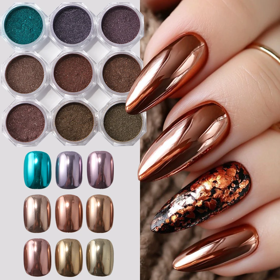 ชุดผงกลิตเตอร์เล็บ 9 สี แบบโฮโลแกรม สีน้ำตาลเข้ม ผงโครมเล็บสุดสว่าง อุปกรณ์ทำเล็บ DIY สำหรับฤดูหนาว