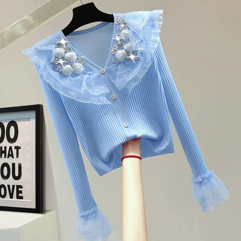 

Lace Studded Diamond Ice Silk Knitted Sweater For Women 2025 New Summer High Waisted Short Knit Jacket Tops Sunscreen Outerwear