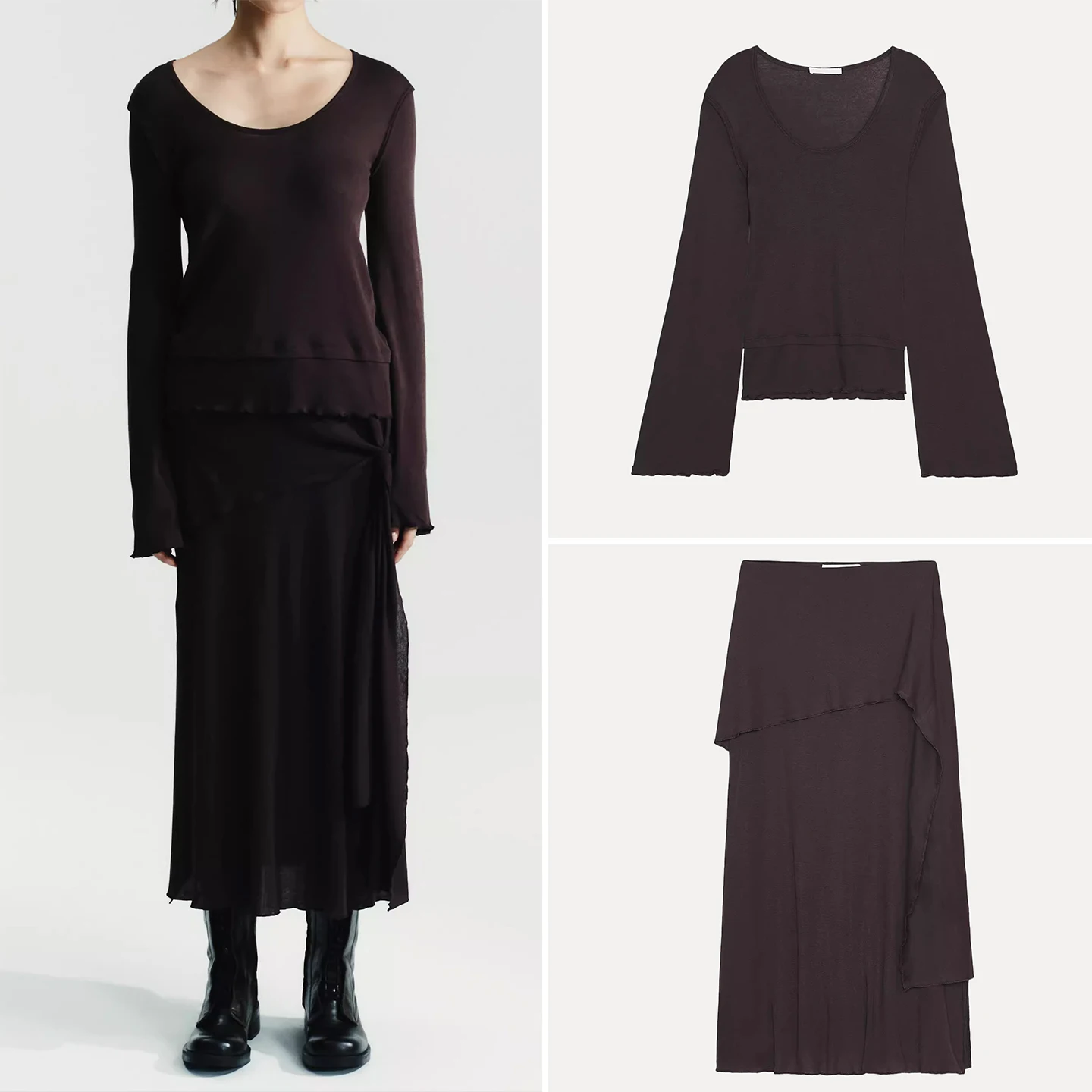 

Z Женский комплект Faion Long Sve Футболка-миди Сплит Двойной слой Эффект 2025 Новый осенний сезон Высокая талия круглый Ne