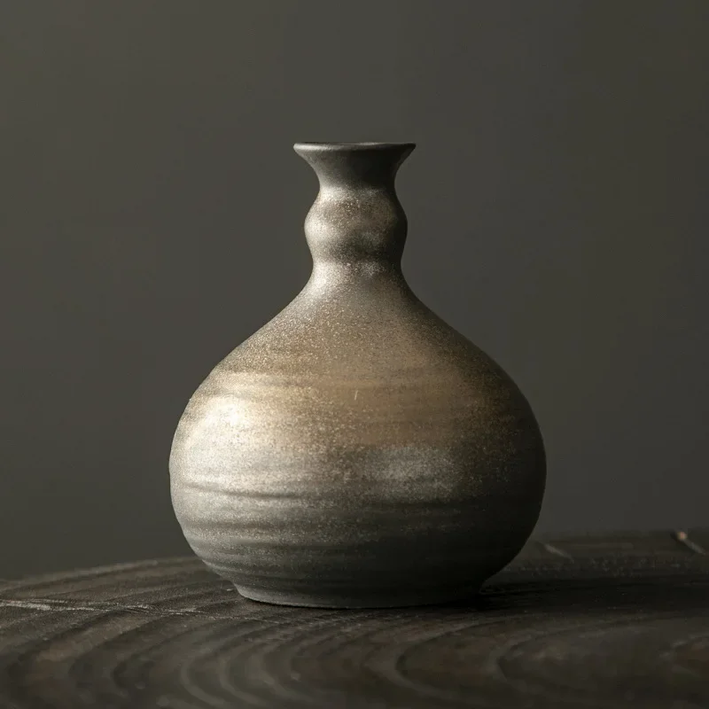 家の装飾のためのレトロなセラミック花瓶、日本の装飾、粗い陶器、ドライフラワーのための創造的な装置、金箔