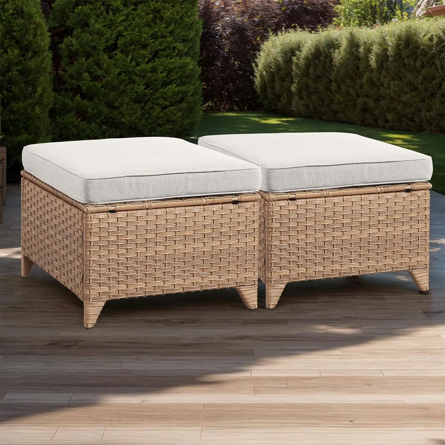 Pátio de vime ao ar livre otomanos, apoio para os pés, Footstools Set, Rattan, almofadas grossas, 2 pcs