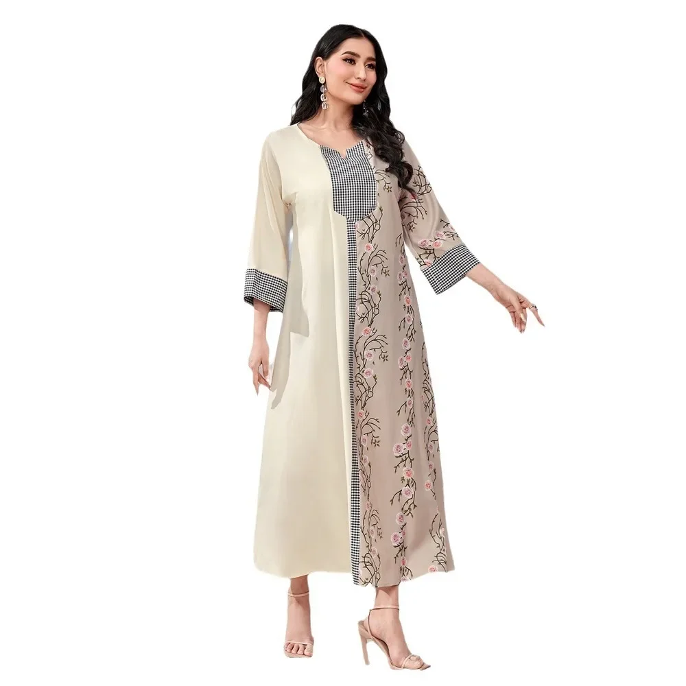 Women dress Eid Muslim Abaya jalabiya dress V Neck Dubai Abayas Party Dress floral Print Vestidos Arab Long Robe Patchwork 2023