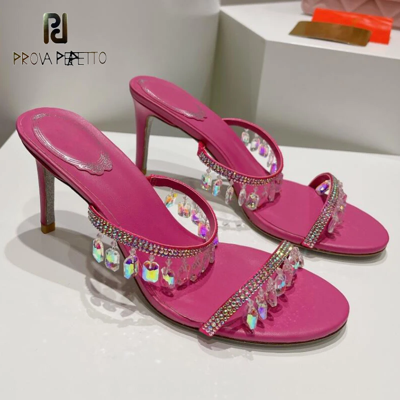 

Diamond Pendant Straps Slipper Sandals Summer Beautiful Bling Bling Open Toe Rose Red Silver Genuine Leather Luxury Slides