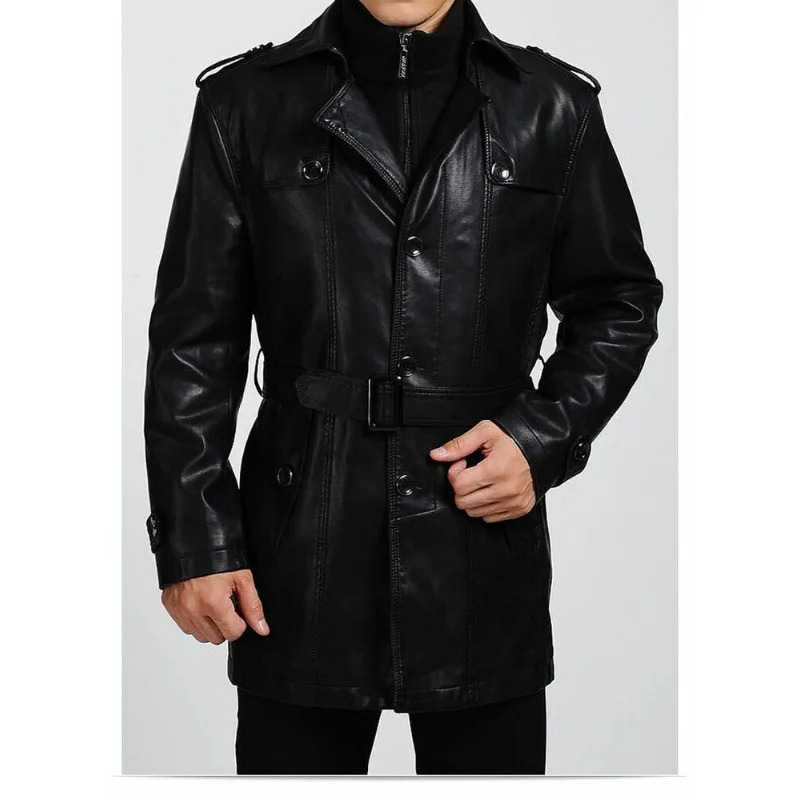 Men's Black Sheepskin Trench Coat Genuine Leather Jacket European and American Fashion Trend