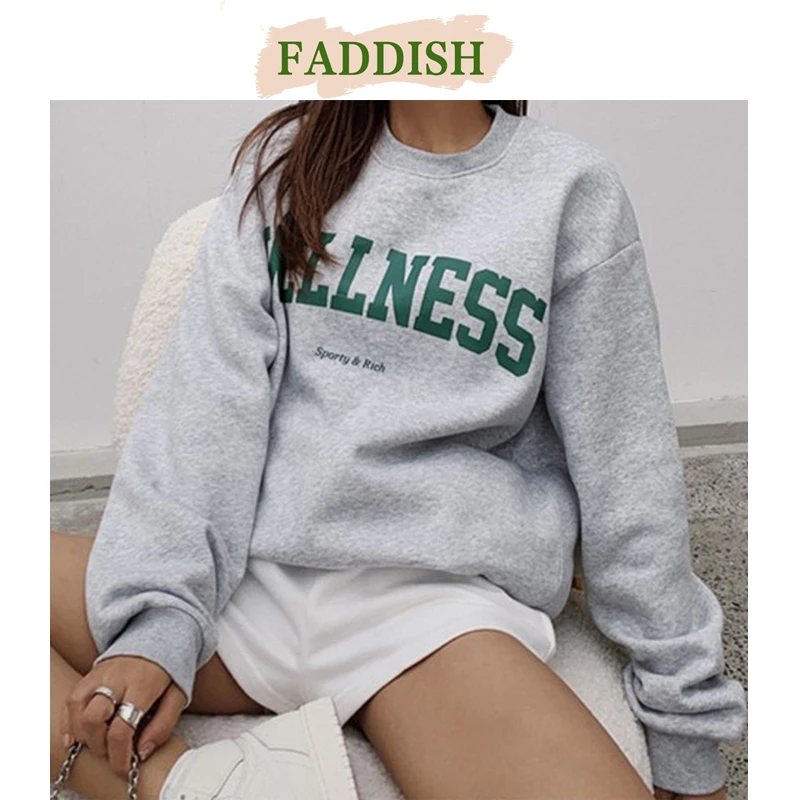 FADDISH 2024 Autumn Winter Women Fashion Thicken Fleecing Printing Hoodie Female Casual Long Sleeves Round Neck Tops Pullover