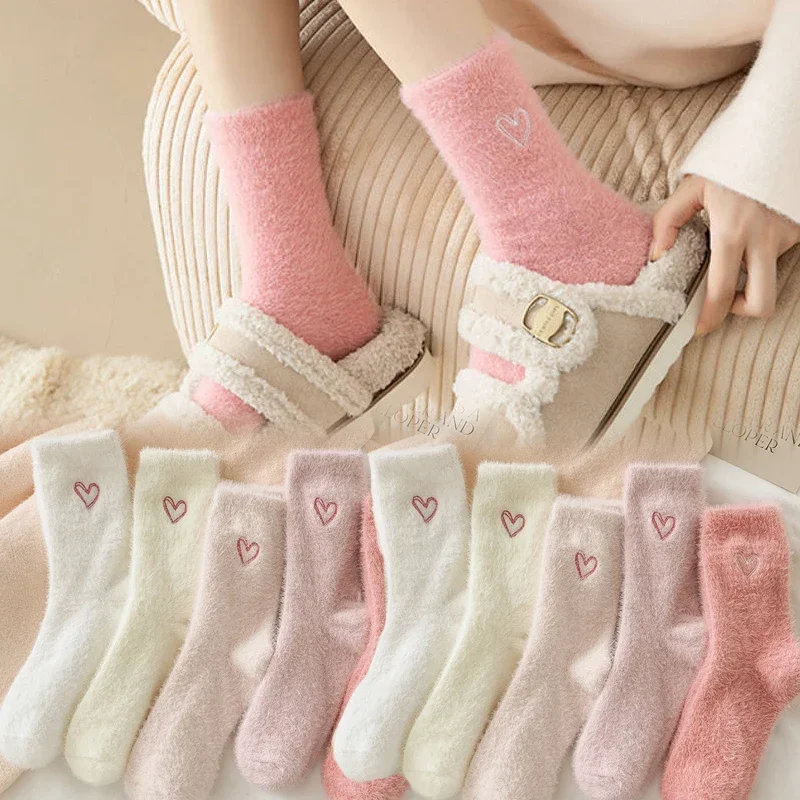 Pink Mink Velvet Warm Sleeping Socks for Women Autumn Winter Thickened Plush Coral Fleece Soft Kawaii Sleeping Mid-tube Socks