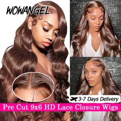 WowAngel Pre Cut 9x6 HD Lace Closure Glueless Wigs 34in Chocolate Brown Body Wave Wigs Human Hair Wigs Ready to Go For Woman