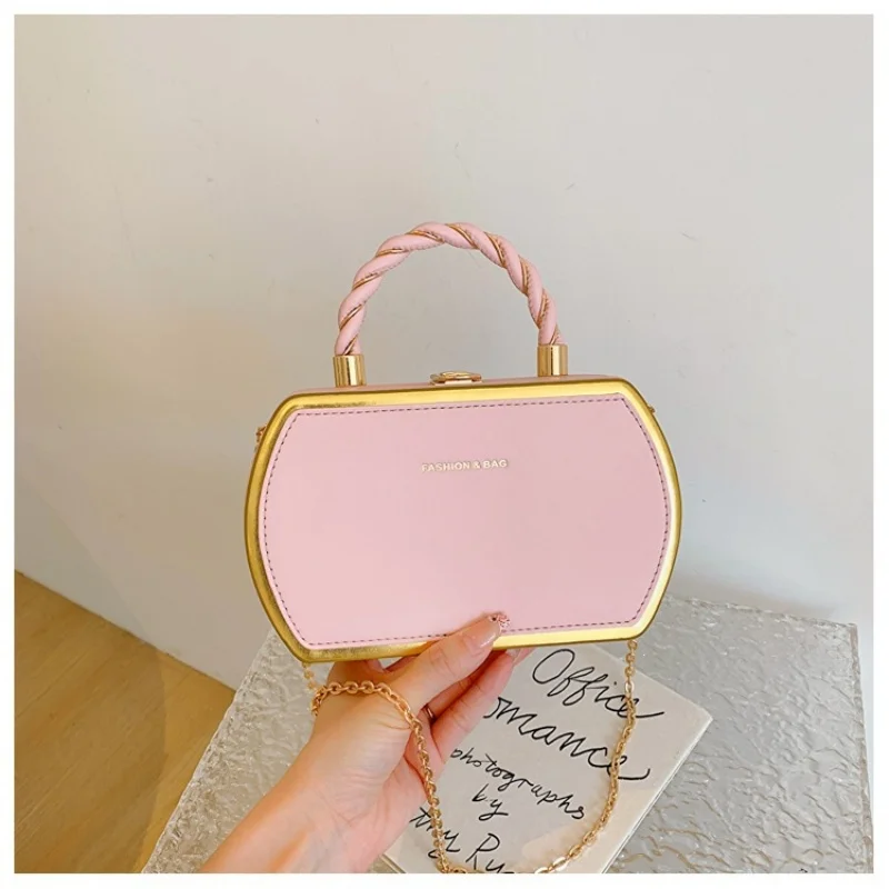 Women Oval Hard Box Handbag Twisted Braided Handle Metallic Edge Mini Chain Crossbody Purse Sweet Solid Color Party Shoulder Bag