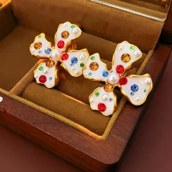 Colorful Rhinestone Flower Pearl Clip Earrings for Women Medieval French Vintage Charms Earring Temperament Light Luxury Jewelry