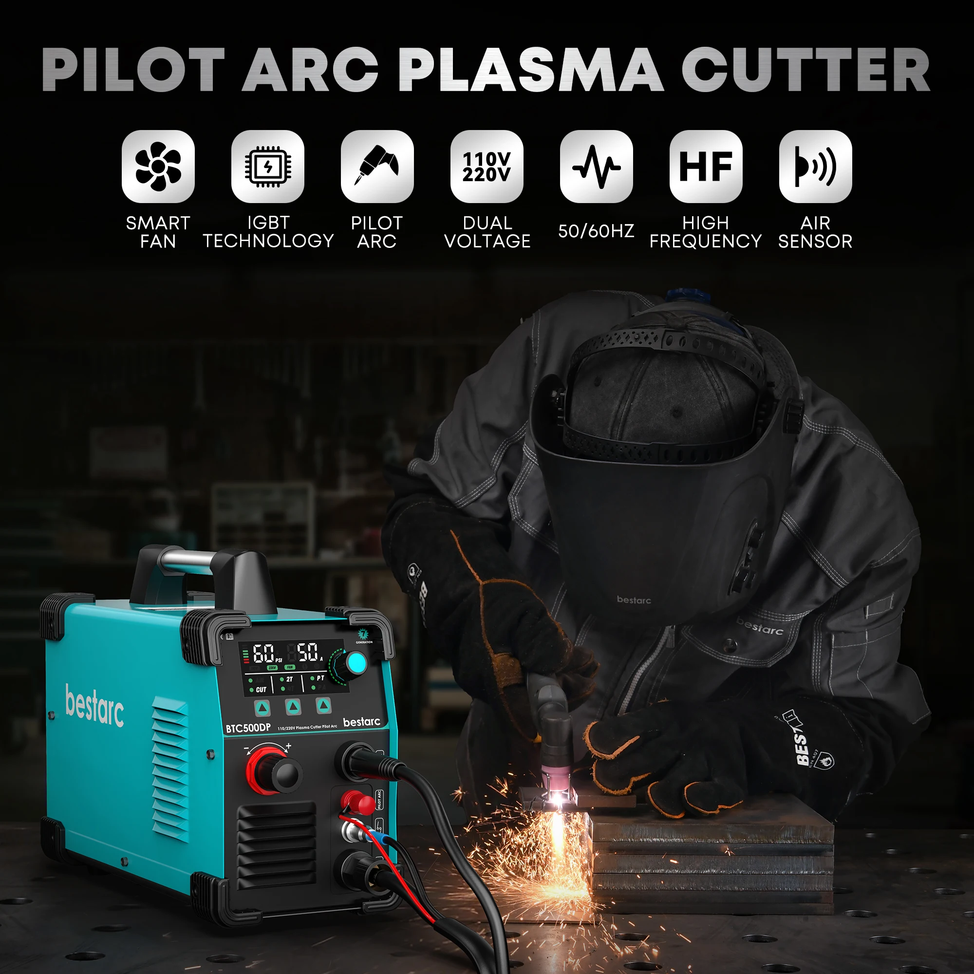 bestarc Plasma Cutter, Pilot Arc BTC500DP 7th GEN 50Amps Screen Display Single Phase Voltage 220V Digital Plasma Cutting Machine