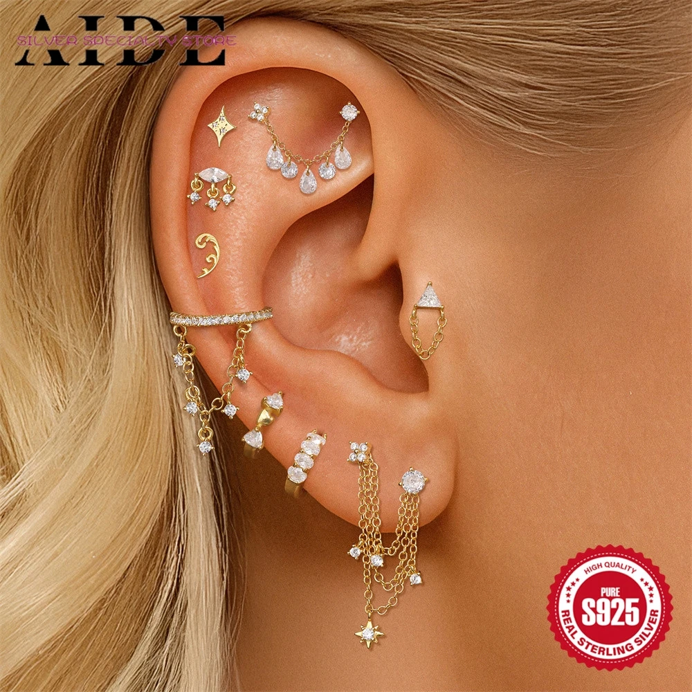 

AIDE 925 Sterling Silver 1Pc WaterDrop Chain Tassel Star/Flower Piercing For Women Ins Dainty Flat Head Puncture Ear Bone Nail