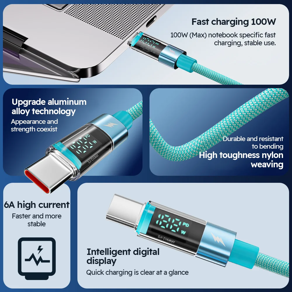 100W C-C Fast Charging Cable with LED Power Display Nylon Braided Wear-Resistant Data Cable for Electronics