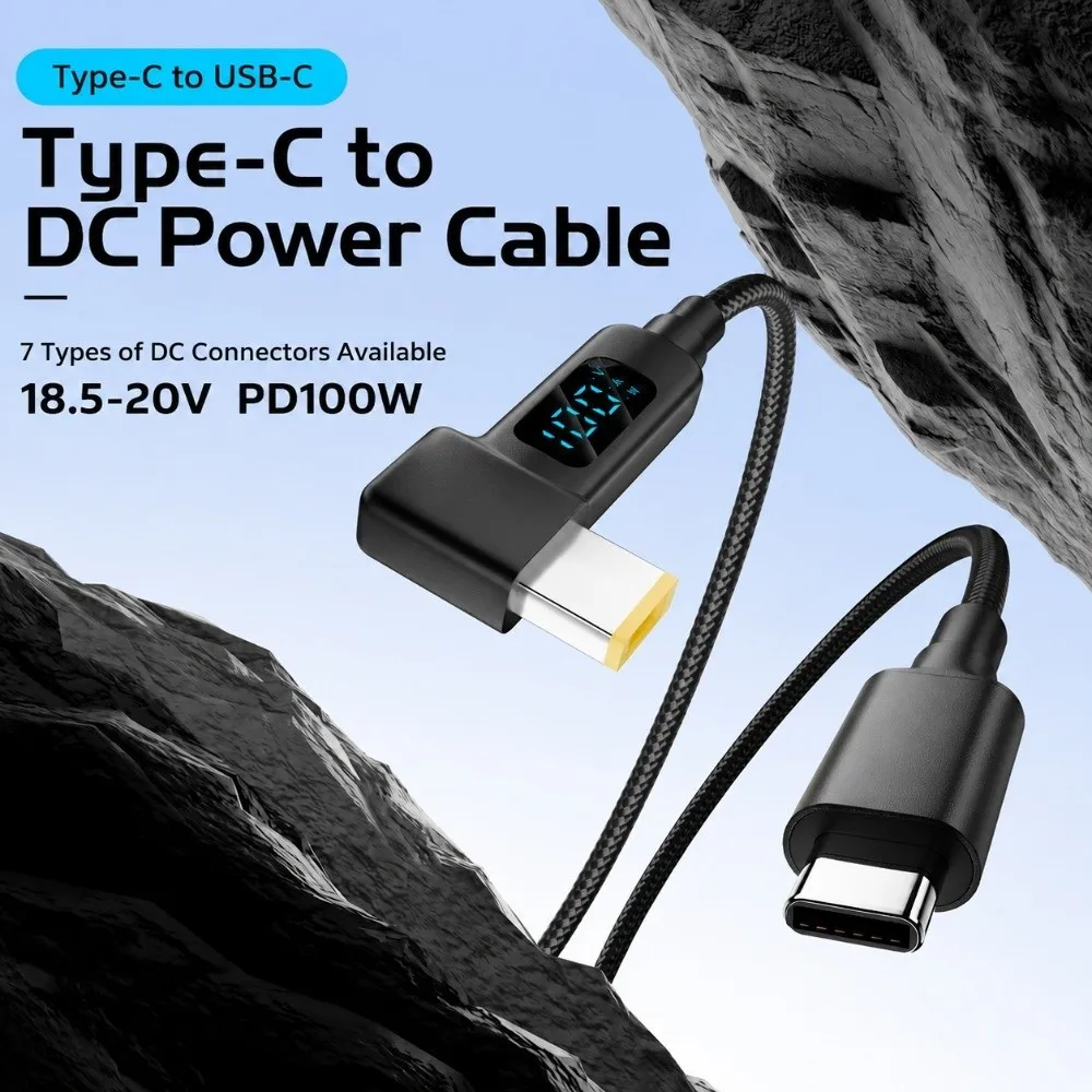 100W PD USB-C to DC Cable Digital Display Nylon Braided PD Trigger Charging Cord Right Angle Connector Overcurrent Protection