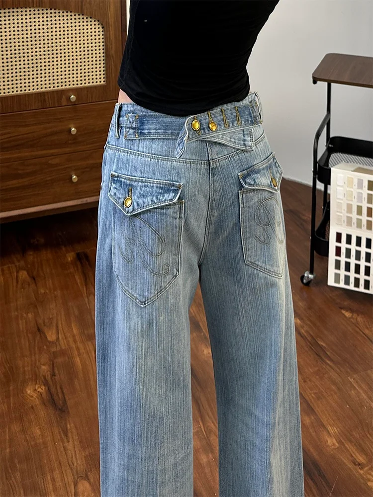 Large Size American Retro Hot Girl Design Faded Paris Adjustable Buckle Wide Leg Loose Floor-Length Denim Jeans Women's High ...