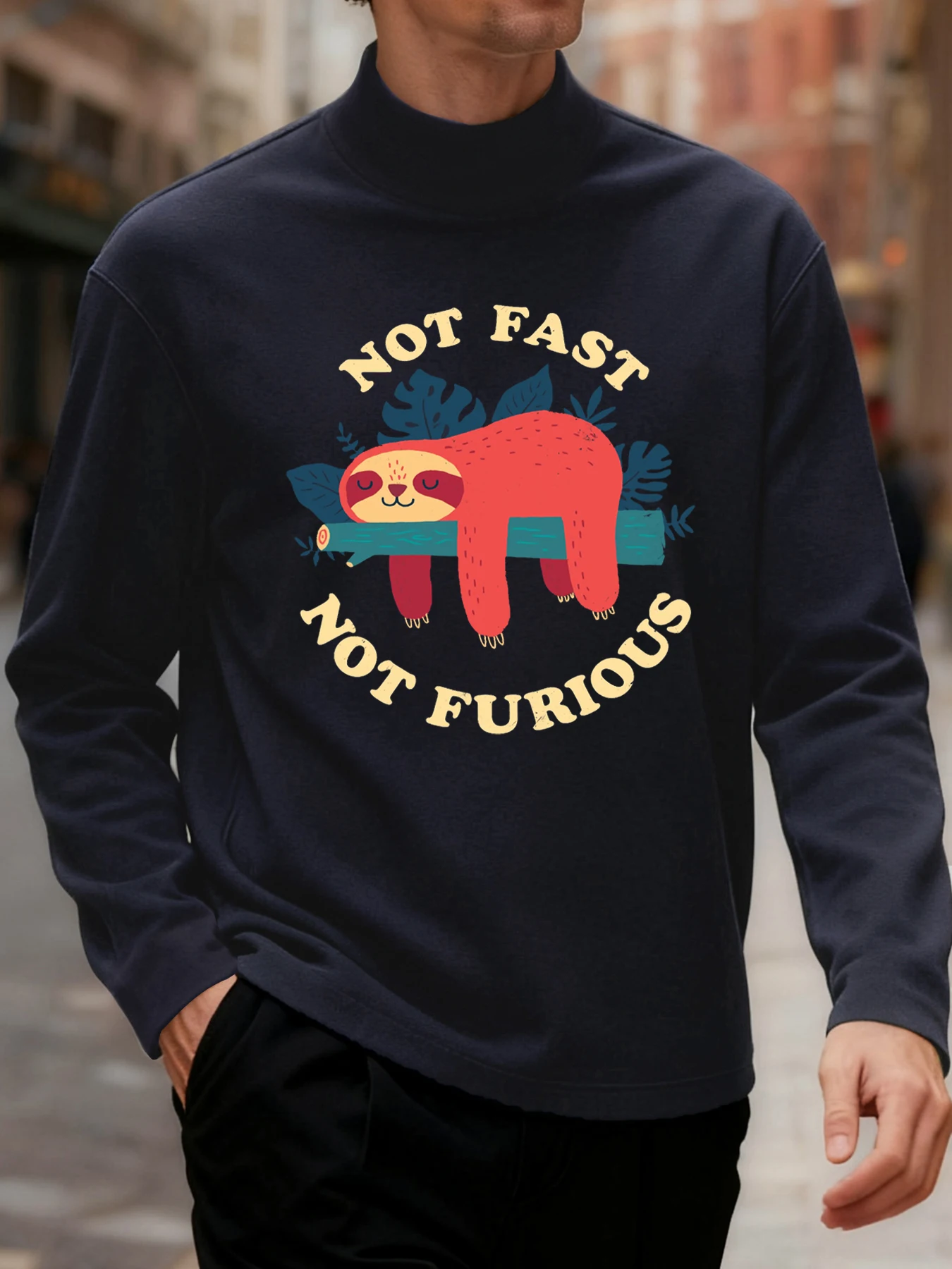 เสื้อยืดพิมพ์ลาย Not Fast Not Furious สำหรับผู้ชาย คอเต่าครึ่งตัว สไตล์ลำลอง เสื้อยืดฤดูใบไม้ร่วง ผ้าฟลีซ ยืดหยุ่น สตรีทแวร์ ฮิปฮอป แขนยาว