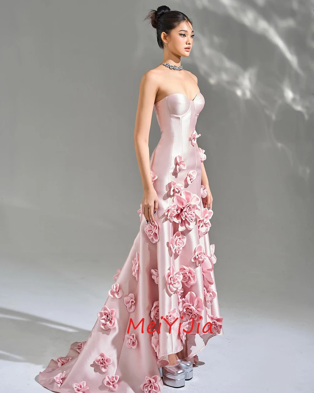 MeiYiJia Strapless Simple Floor-Length Sleeveless Flower Lace up Saudi Arabia Sexy Evening Birthday Club Outfits Summer 2024