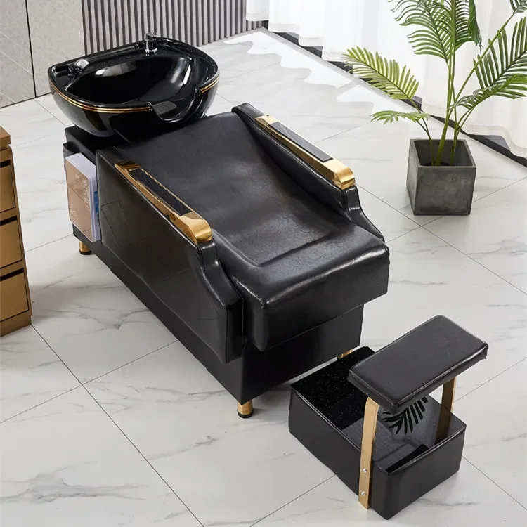 Beauty Most Popular Furniture Luxury Salon Soft Leather Shampoo Chair Washing Bed With Ceramic Bowl Sink