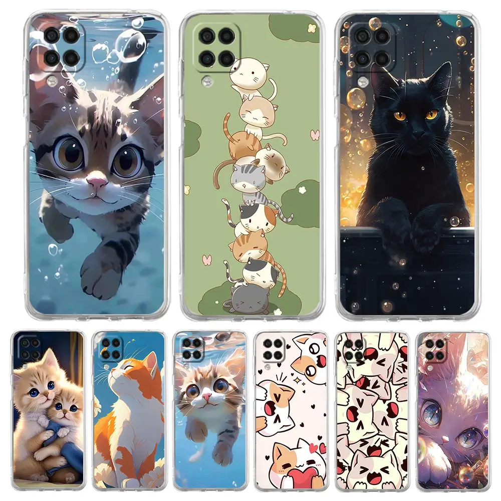 Soft TPU Cover for Samsung Galaxy A13 A15 A17 A23 A25 A32 A33 A35 A52 A53 A55 5G Transparent Phone Case Cute Cat Fundas Capa Bag