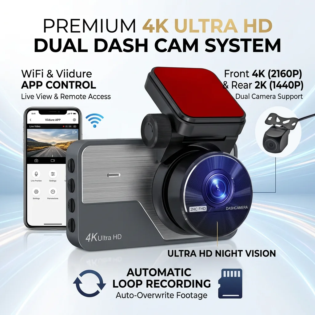 

Видеорегистратор 4K Ultra HD с ночным видением, передней камерой 2160P и задней 1440P, G-сенсором, циклической записью, управлением через приложение и Wi-Fi