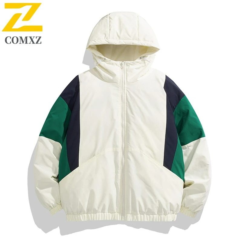 

COMXZ Winter Padded Jacket 2025 New Luxury Hooded Outdoor Travel Cold Proof Coat Mens Fashion Splicing Daily Warm Outerwear