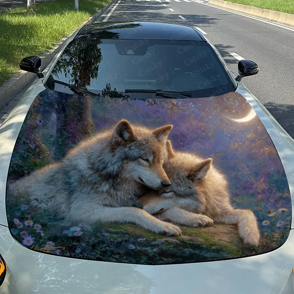 Wolf Under The Moonlight Car Hood Decal, Durable Self-Adhesive PVC Sticker, Waterproof And Scratch-resistant Car Vinyl Wrap