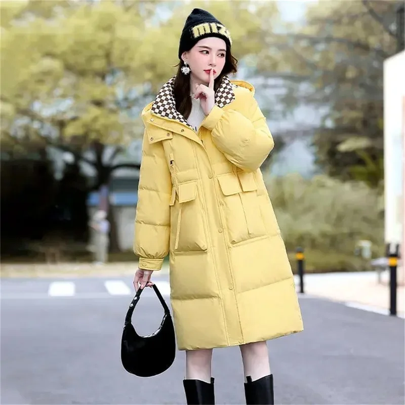 Pop Pop 2025 New Down Cotton Jacket Women's Mid Long Hooded Color Matching Parka Casual Fashion Thickened Loose Fitting Jacket T