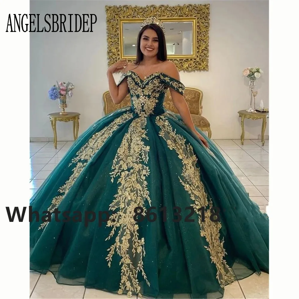 ANGELSBRIDEP Off Shoulder Green Quinceanera Dresses Princess Gold Floral Applique Party Gowns Vestido De 15 Anos Corset Back