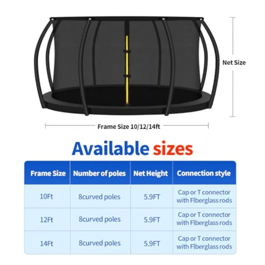 Trampoline enclosure net replacement for 8-curved-pole top ring system: round safety net in black polyester with reinforced pro