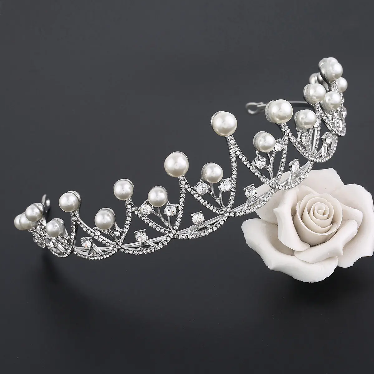 Wedding Pearl Rhinestone Tiara Bridal Crystal Hairband Silver Alloy Headpiece Prom Pageant Elegant Bridal Hair Loop