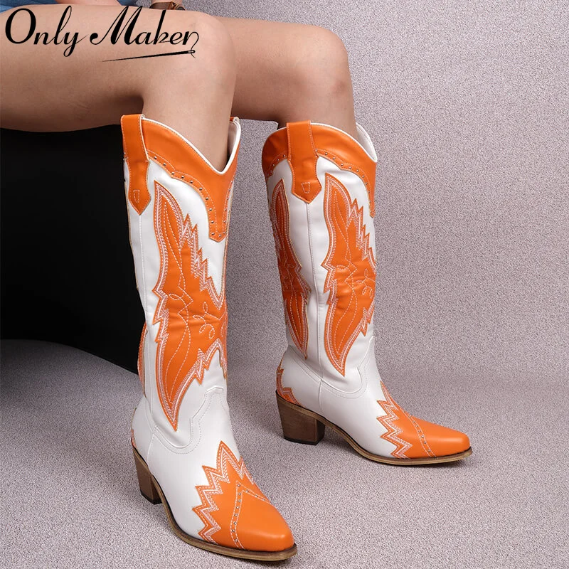 

Onlymaker Women Pointed Toe Retro Pull On Western Cowgirl Boots Fringed Chunky Heel Embroidery Cowboy Boots