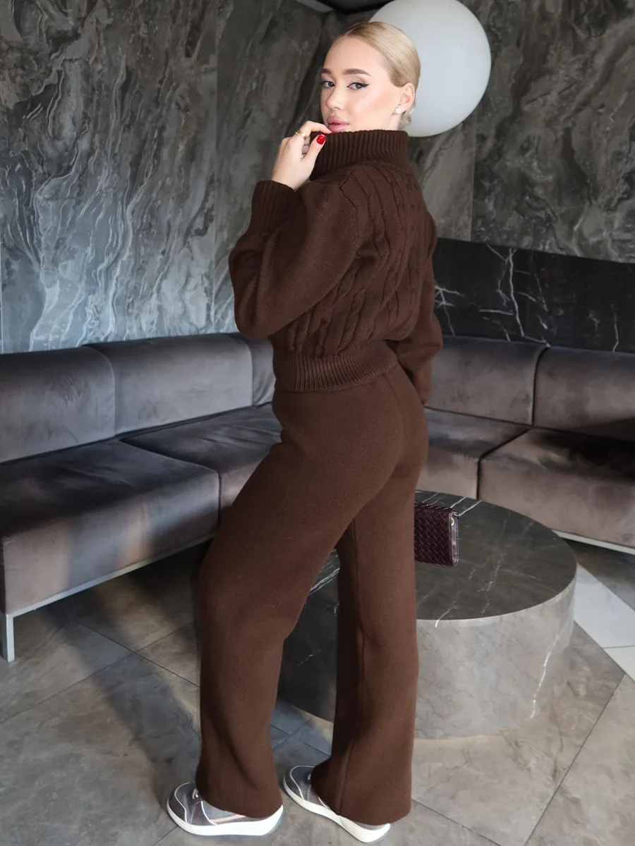 LIinar Zipper Cardigan Set Fall Winter 2026 Knit Cardigan Wide-Leg Pants Casual Loose-Fitting Solid-Color Knit Set for Women