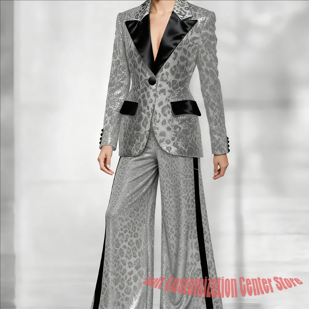 

Luxury Women Sequin Leopard Print Clothes Peaked Lapel Blazer with Black Satin Accents Glittering Statement 2Piece for Parties