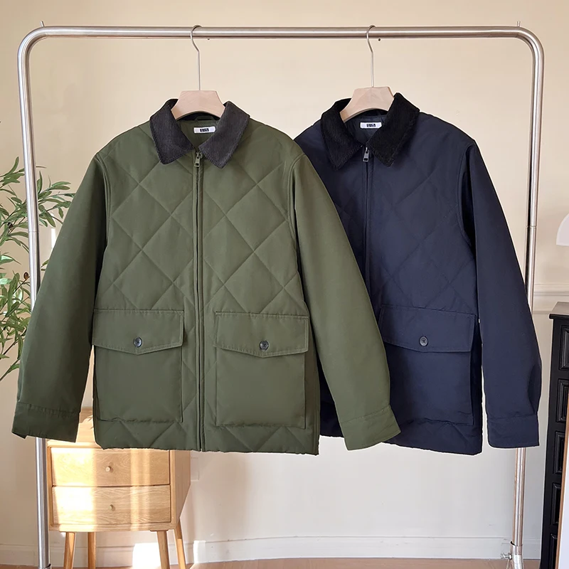 

Свободный крой, стеганая хлопковая верхняя одежда из тюэта, утягивающий эффект, цветной дизайн, зимнее пальто с ромбовидным узором и лацканами для мужчин