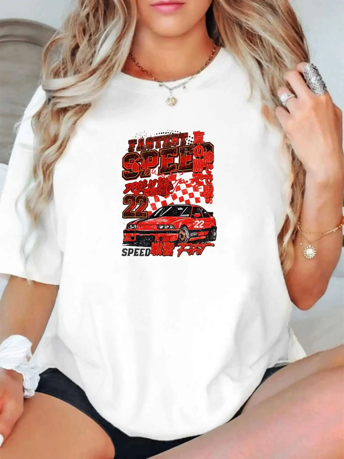 

【1147700】Женская футболка больших размеров с круглым вырезом и короткими рукавами, эластичными полурукавами и модными принтами