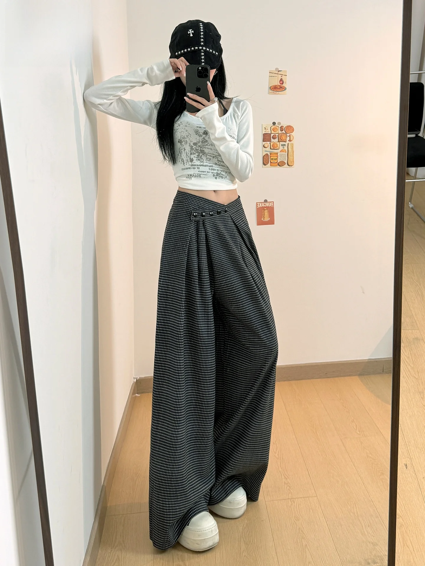 

Женские повседневные брюки с высокой талией, широкими штанинами, в клетку, свободного кроя, драпирующиеся, стройнящие, в пол, прямые