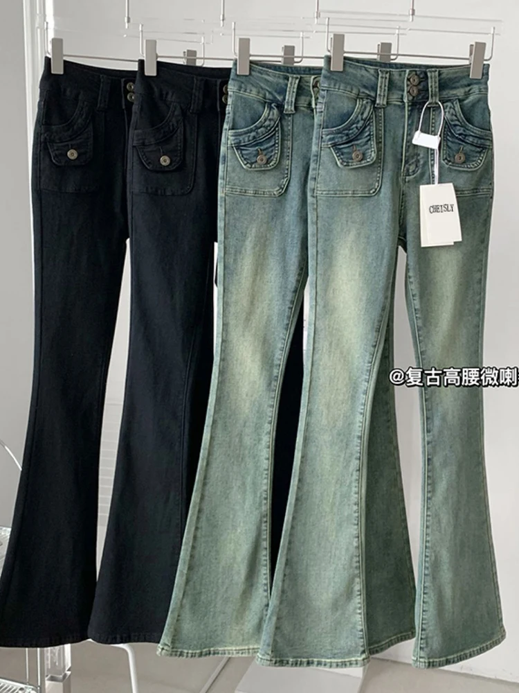 Otoño Invierno mujeres Slim Vintage Y2K pantalones vaqueros elásticos coreanos pantalones largos con parte inferior acampanada elegante pantalones vaqueros clásicos acampanados Gyaru Kpo