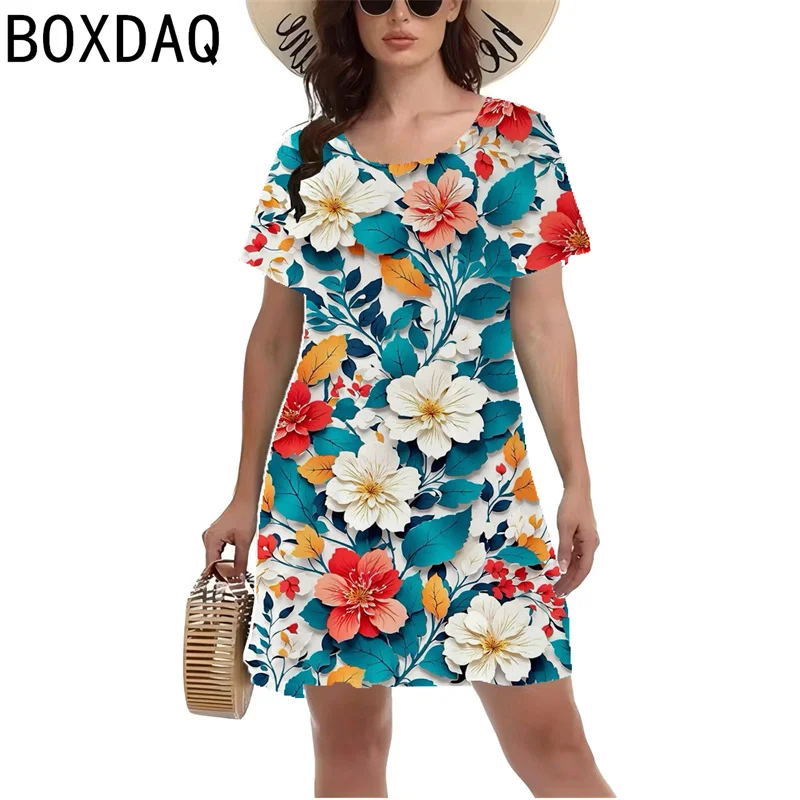 3D Vintage Elegant Floral Printed Dress Women Summer Short Sleeve O-Neck Casual A-Line Dress S-3XL Female Beach Dress Vestios