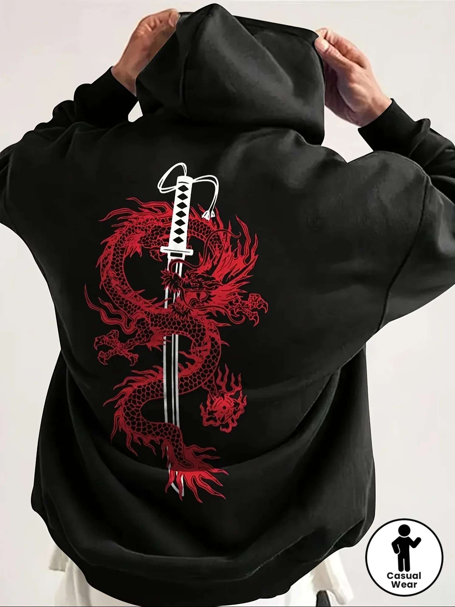 Men's Japanese Hoodie Dragon Katana Sword Graphic Back Print Oversized Sweatshirt Samurai Warrior Streetwear Pullover