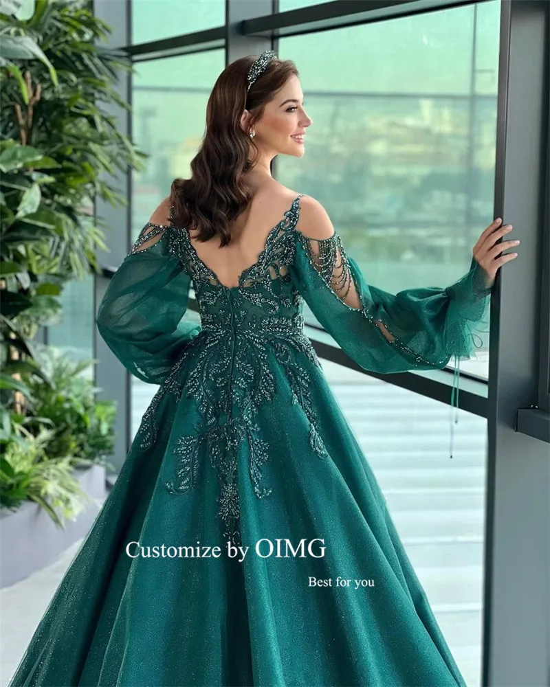 OIMG Sparkly Emerald Green Tulle Evening Dresses Spaghetti Straps Puff Long Sleeves Applique Beads Arabic Formal Prom Gowns