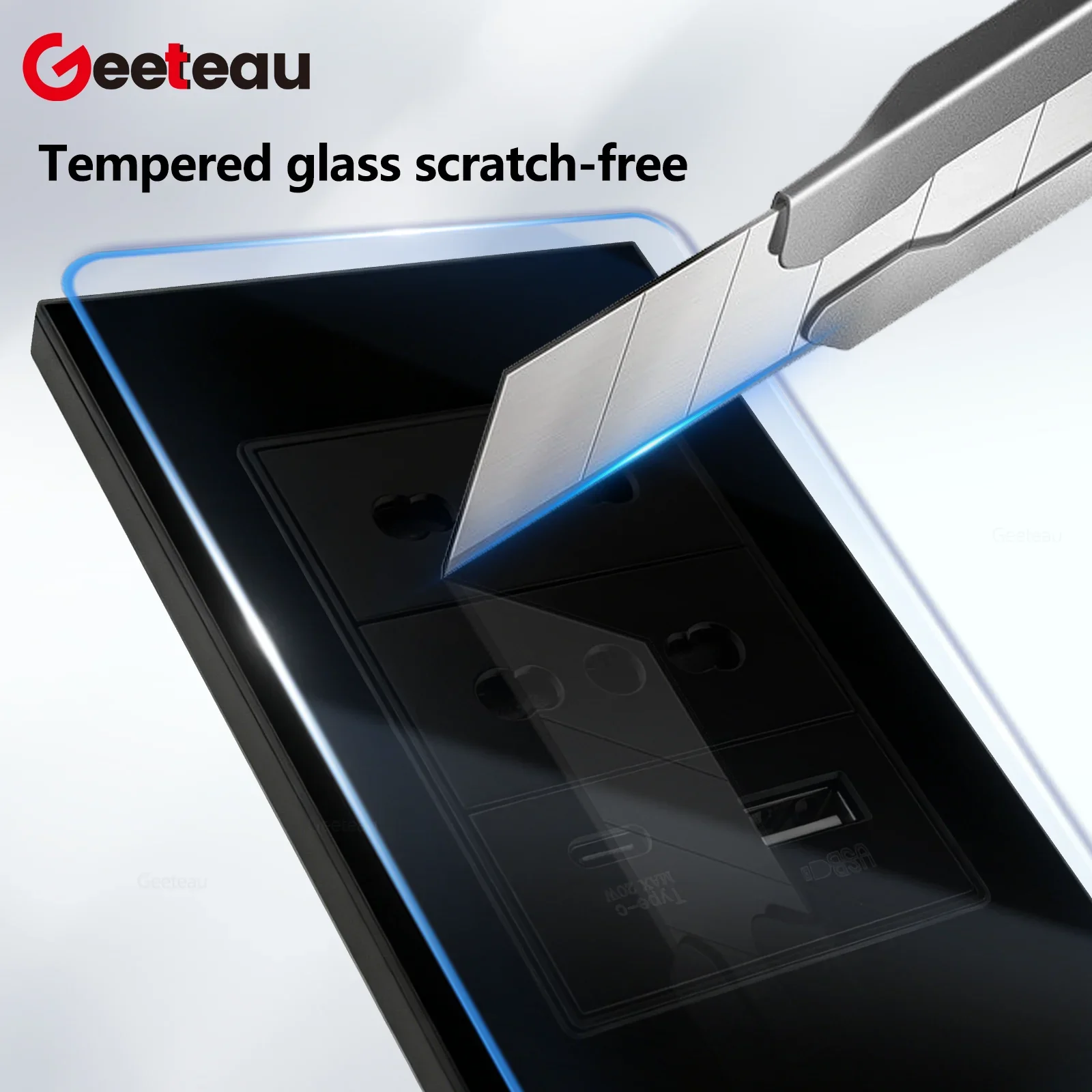 Geeteau Italy Chile Standard Double Socket USB Type C 20W Black White 118mm Glass Panel Wall Mount Electrical Outlet