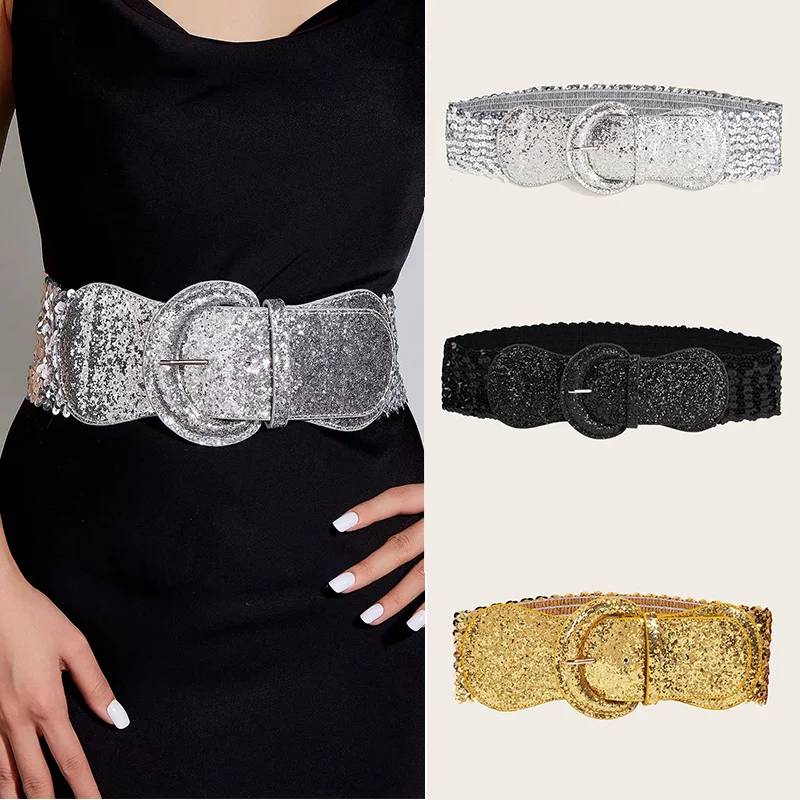الذهبي Blingbling الترتر مشد حزام الإناث الراقية الماركات الفاخرة Cummerbund أحزمة واسعة للنساء الشرير القوطية Y2K حزام