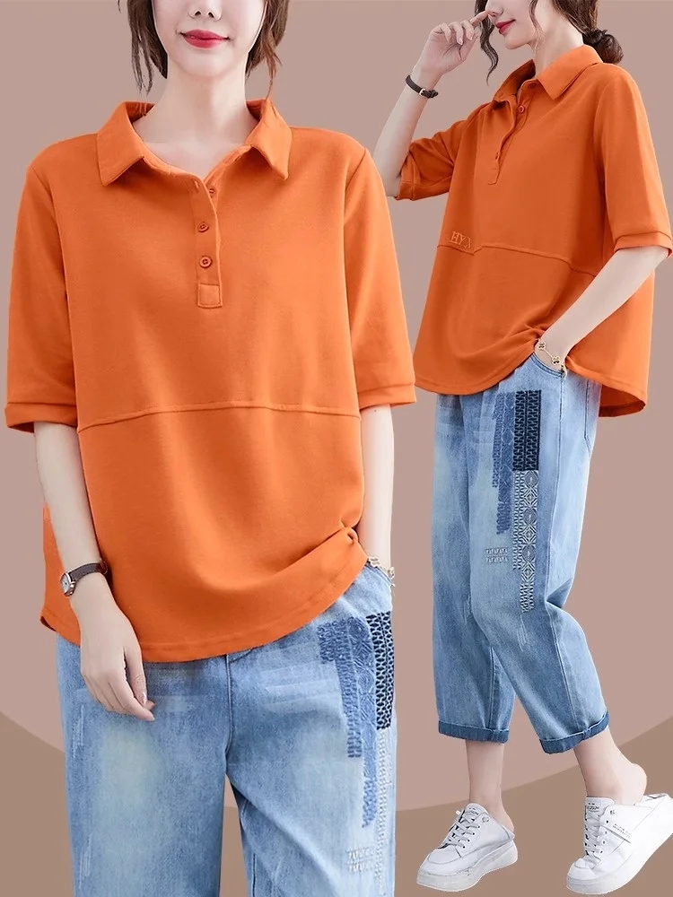 ゆったりとした純綿の女性用トップス、折り返し襟、新作、スリムでファッショナブル、通気性があり、吸汗性...