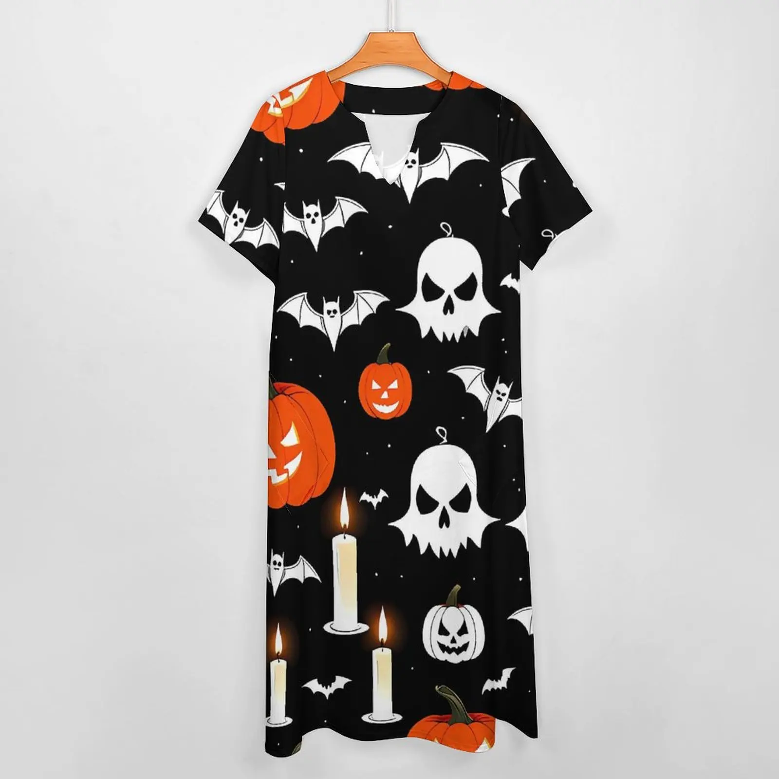 Halloween Happy Haunts Dress Pumpkins Skulls Bats Elegant Maxi Dress V Neck Design Casual Long Dresses Street Fashion Clothing