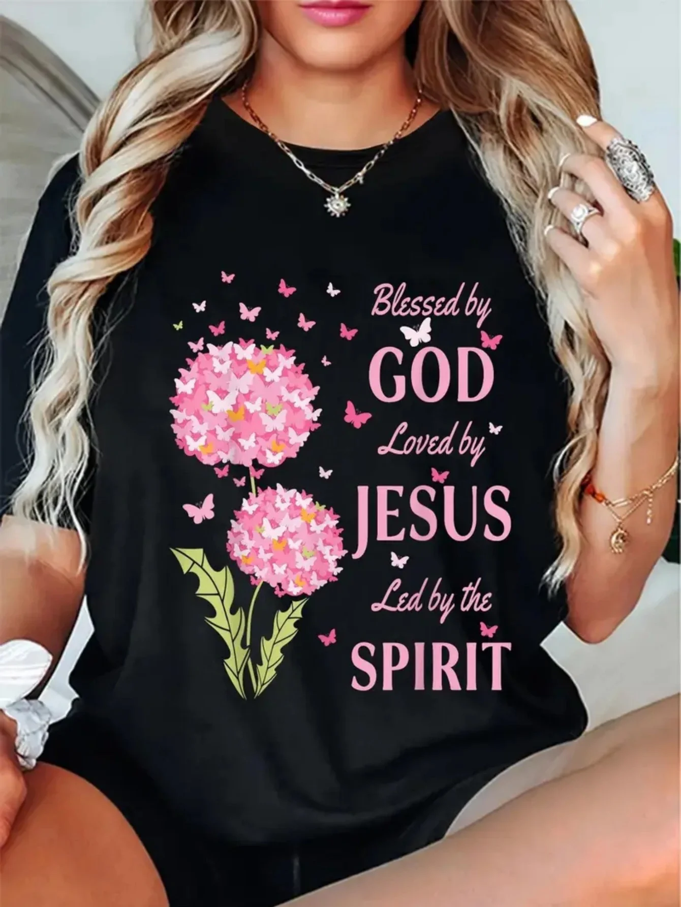 

Round Neck Short Sleeve Casual T Shirt for American Women with Religious - themed Blessed by GOD Loved by JESUS Led