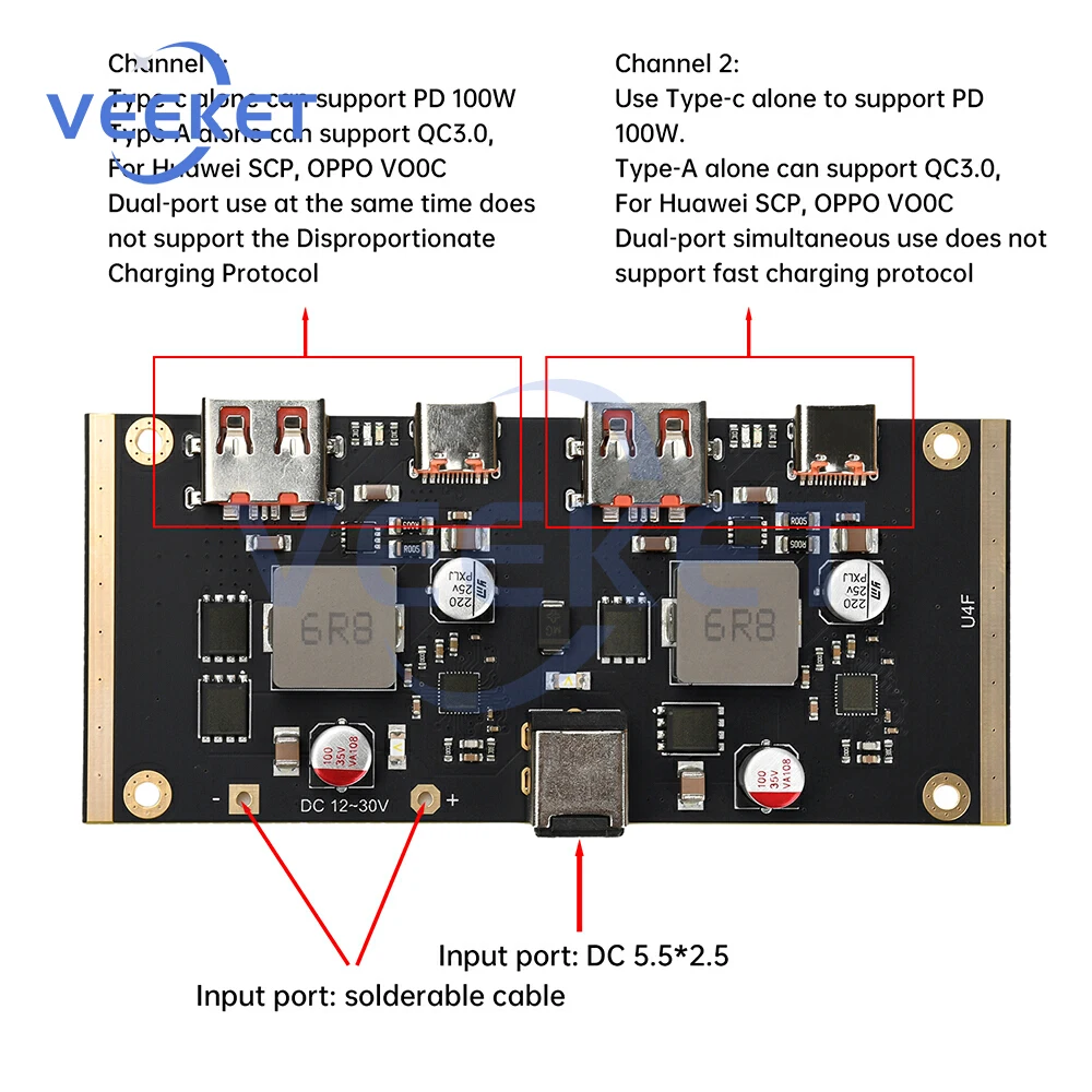 Modulo di ricarica rapida PD 100W DC12-30V 100W Modulo di ricarica rapida intelligente multiprotocollo a 2 canali Supporto PD QC SCP AFC VOOC